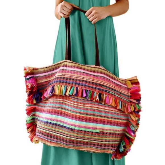 New Oversized Boho Tassel Muli-Color Travel Tote Bag - Picture 2 of 6